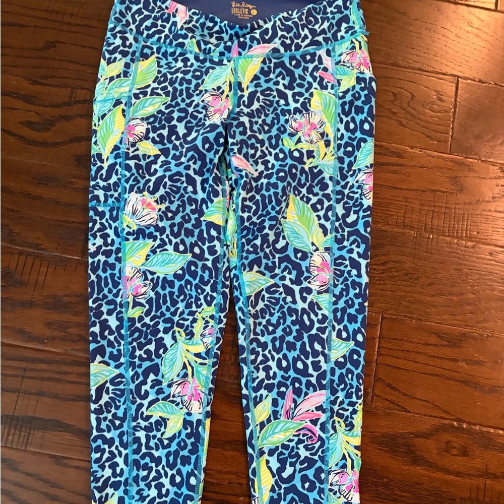 Lilly Pulitzer Blue Floral & Leopard Print Leggings Luxletic size L